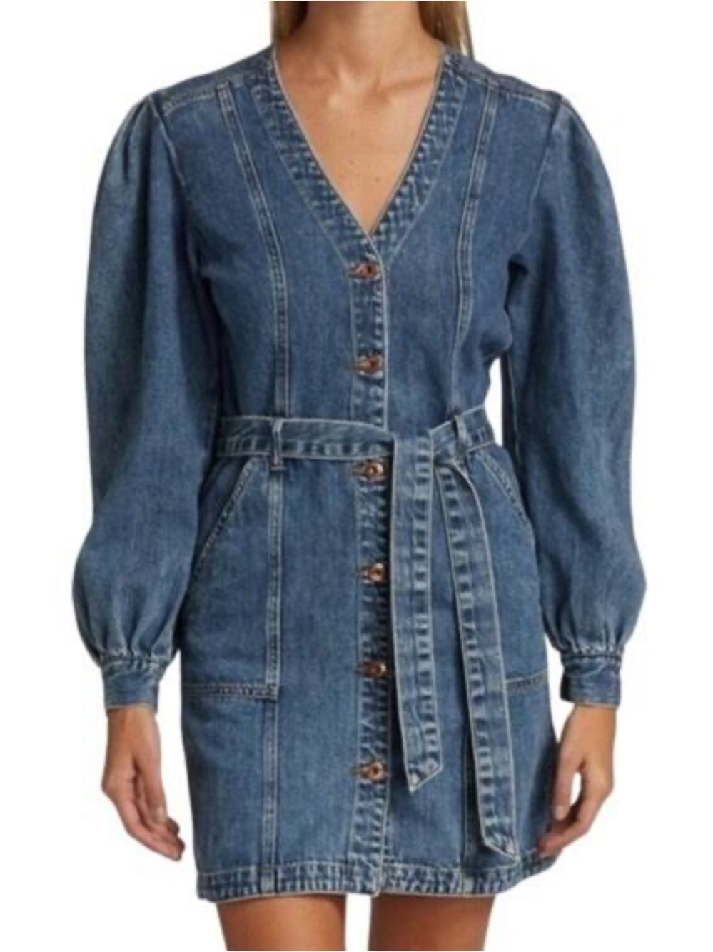JONATHAN SIMKHAI STANDAR DENIM MINI DRESS BLUE ACID WASH PUFF SLEEVES BELTED